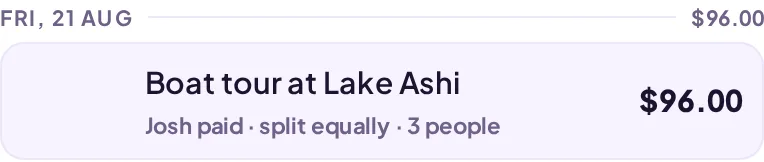 A spend: boat tour at Lake Ashi, ninety-six dollars, Josh paid, split equally between three people — not the four on the trip.