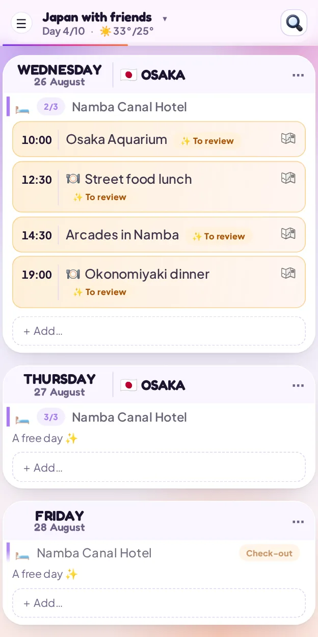 Wednesday 26 August in Osaka, with the aquarium, street food, arcades and okonomiyaki on it, each in a dashed amber box marked Unconfirmed.