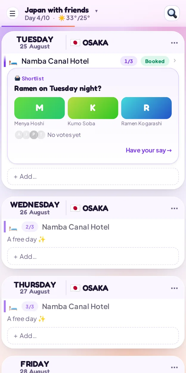 Tuesday 25 August in Osaka, with a card asking Ramen on Tuesday night? — Menya Hoshi, Kumo Soba and Ramen Kogarashi, no votes yet, and Have your say.