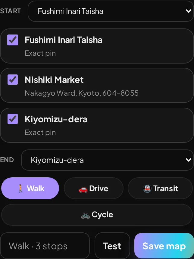 Three Kyoto stops ticked for a walking route — Fushimi Inari, Nishiki Market and Kiyomizu-dera — each showing the exact pin or address Google will be sent.