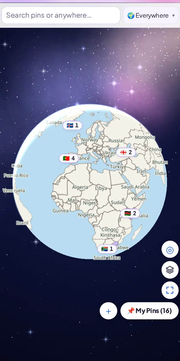 A globe of everywhere somebody has saved something: four pins in Portugal, two in Georgia, two in Kenya, one each in Iceland and South Africa, with a My Pins button that opens the list.